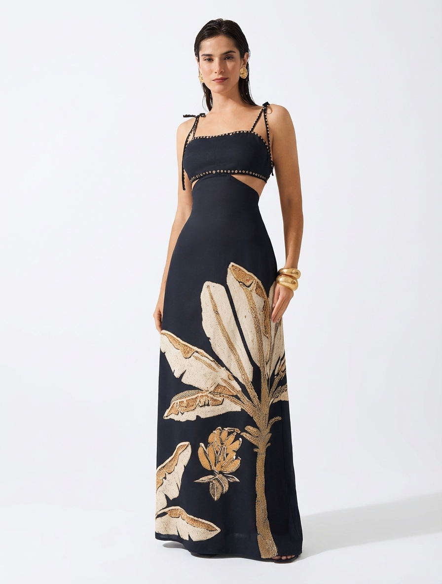 Vestido Longo Estampa Tropical Palmeira com Recorte Vazado e Alças Ajustáveis