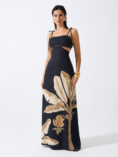 Vestido Longo Estampa Tropical Palmeira com Recorte Vazado e Alças Ajustáveis