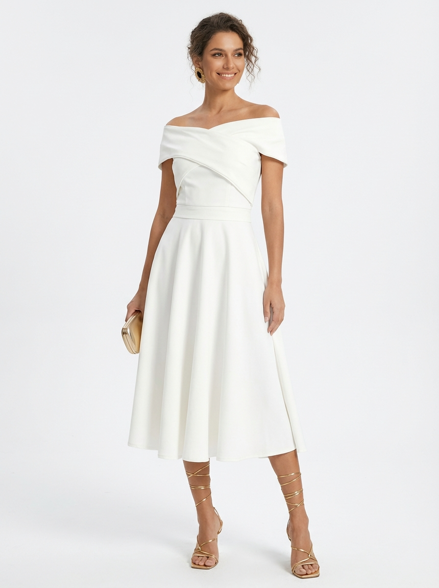 Vestido Midi Ombro a Ombro Branco Elegante com Zíper e Saia Evasê