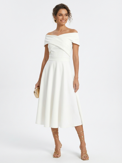 Vestido Midi Ombro a Ombro Branco Elegante com Zíper e Saia Evasê
