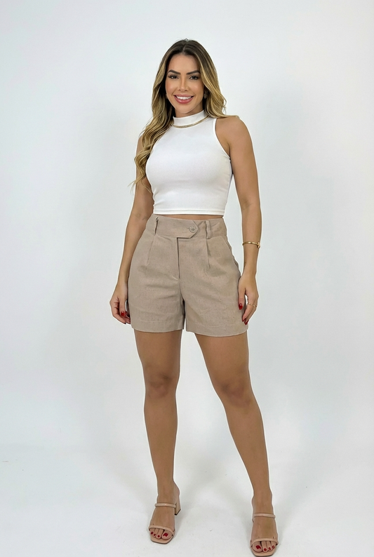 Bermuda Feminina Alfaiataria Cintura Alta com Pregas e Bolsos