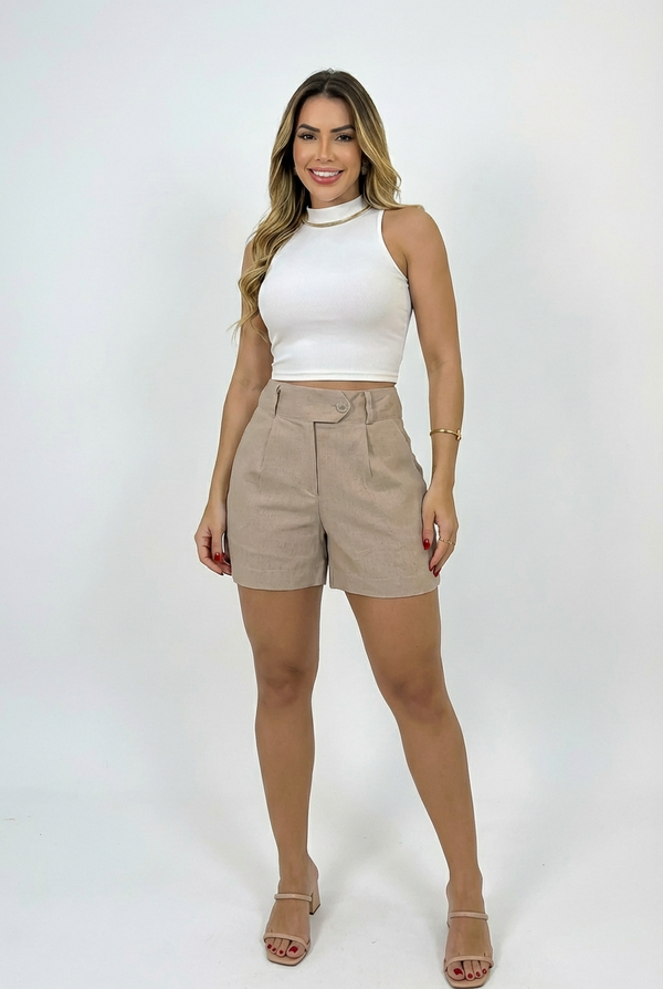 Bermuda Feminina Alfaiataria Cintura Alta com Pregas e Bolsos