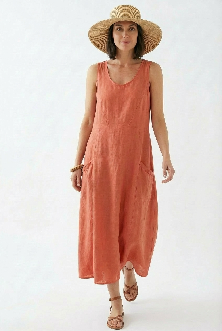 Vestido Longo Linho Casual com Bolsos Decote Redondo Sem Mangas