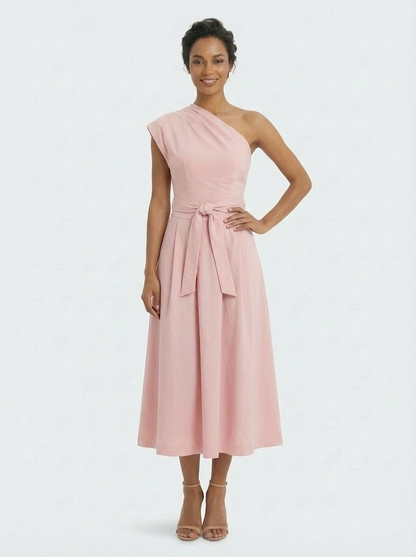 Vestido Midi Ombro Único com Cinto e Bolsos Rosa Elegante