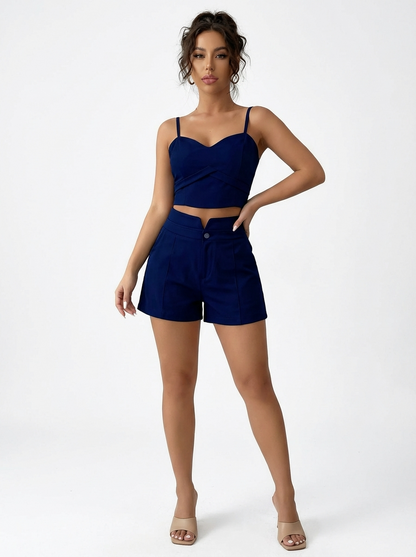 Conjunto Feminino Alfaiataria Top Cropped Bustier e Shorts Elegante