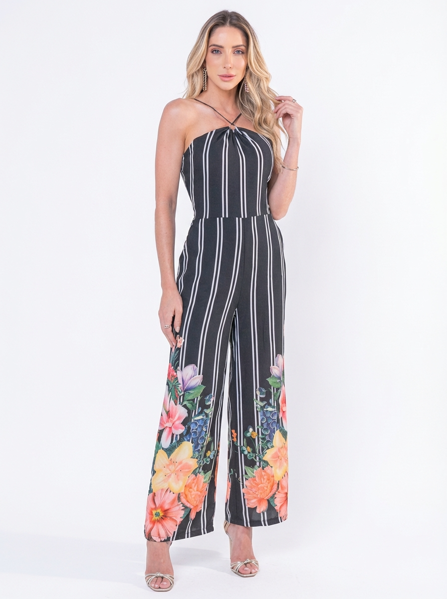 Macacão Feminino Listrado Floral Alça Única Perna Larga Elegante