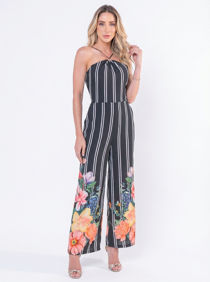 Macacão Feminino Listrado Floral Alça Única Perna Larga Elegante