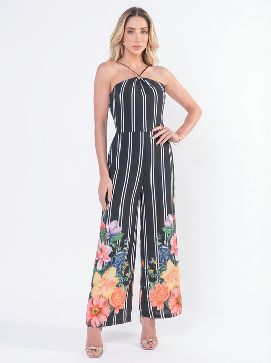Macacão Feminino Listrado Floral Alça Única Perna Larga Elegante