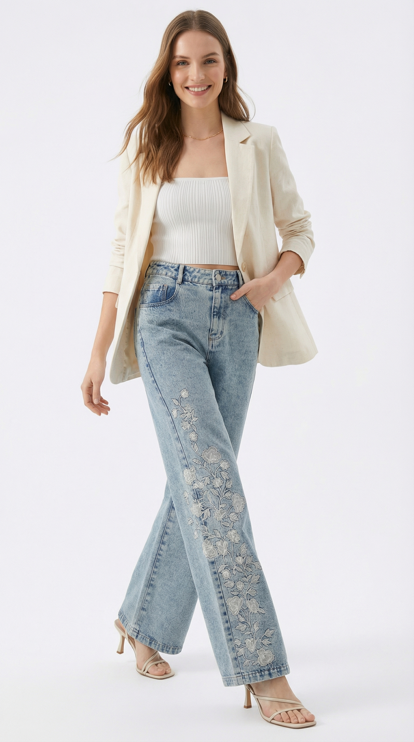 Calça Jeans Wide Leg Bordada com Elastano