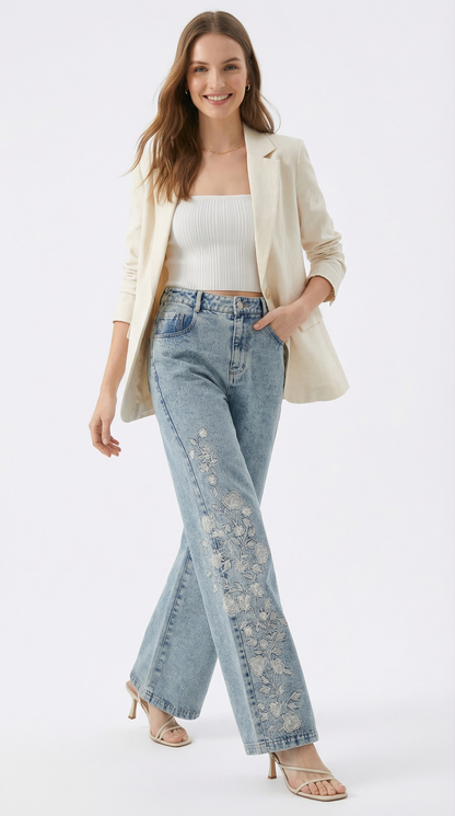 Calça Jeans Wide Leg Bordada com Elastano