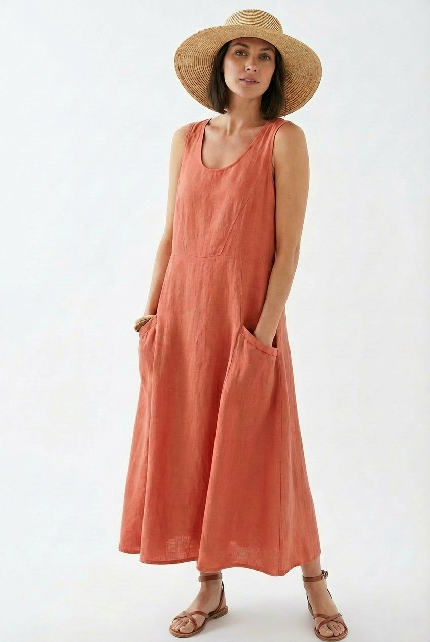 Vestido Longo Linho Casual com Bolsos Decote Redondo Sem Mangas
