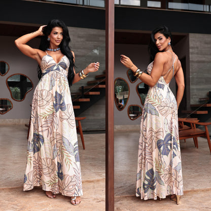 Vestido Longo Estampado Fluido Alça Fina Decote