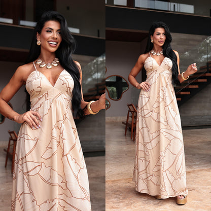 Vestido Longo Estampado Fluido Alça Fina Decote