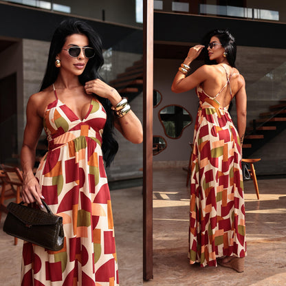 Vestido Longo Estampado Fluido Alça Fina Decote
