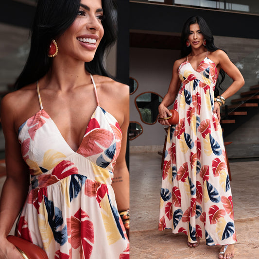 Vestido Longo Estampado Fluido Alça Fina Decote