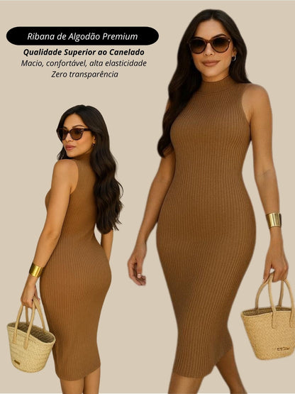 Vestido Midi Tubinho Gola Alta Sem Mangas Canelado Elegante