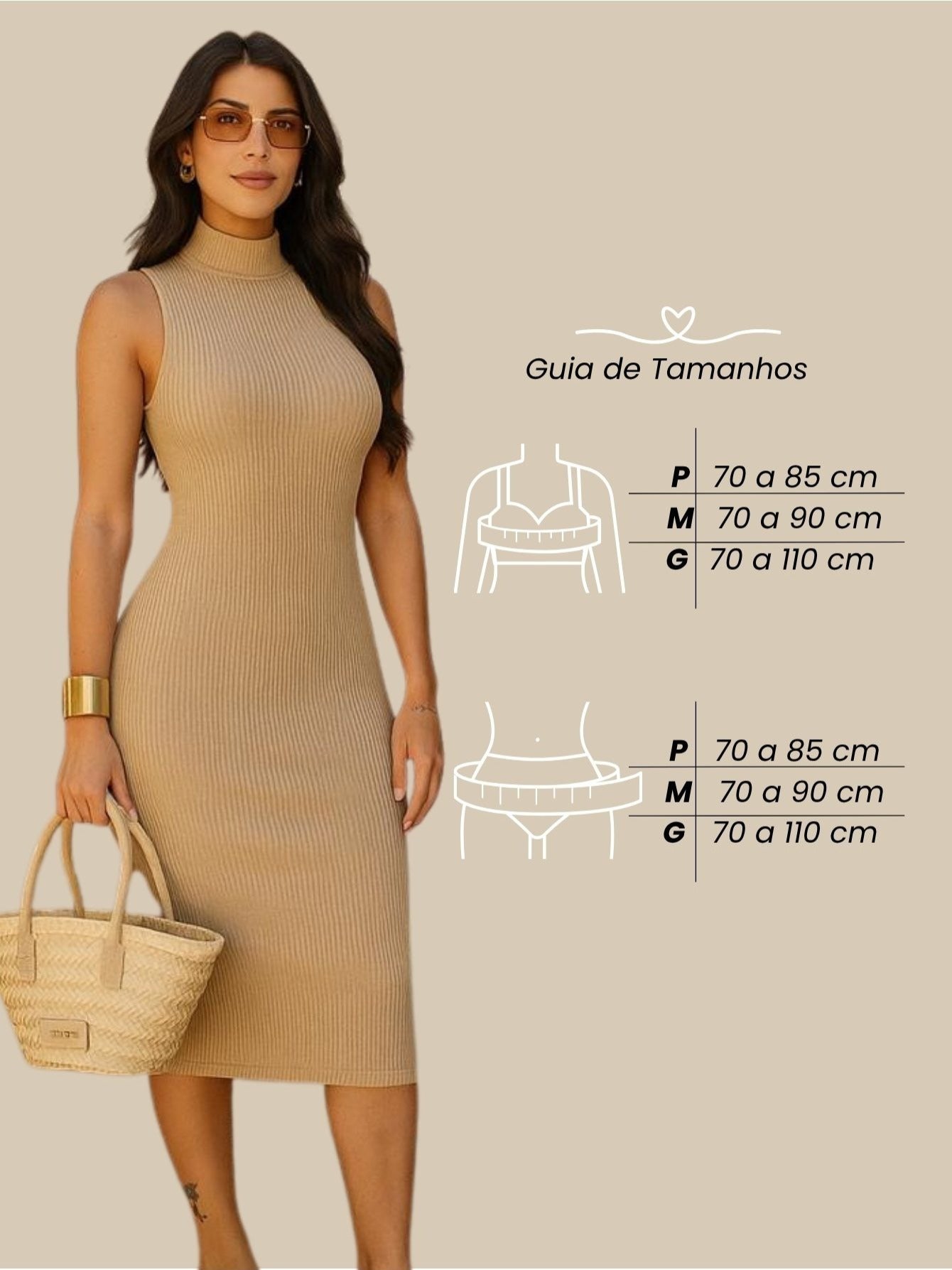 Vestido Midi Tubinho Gola Alta Sem Mangas Canelado Elegante
