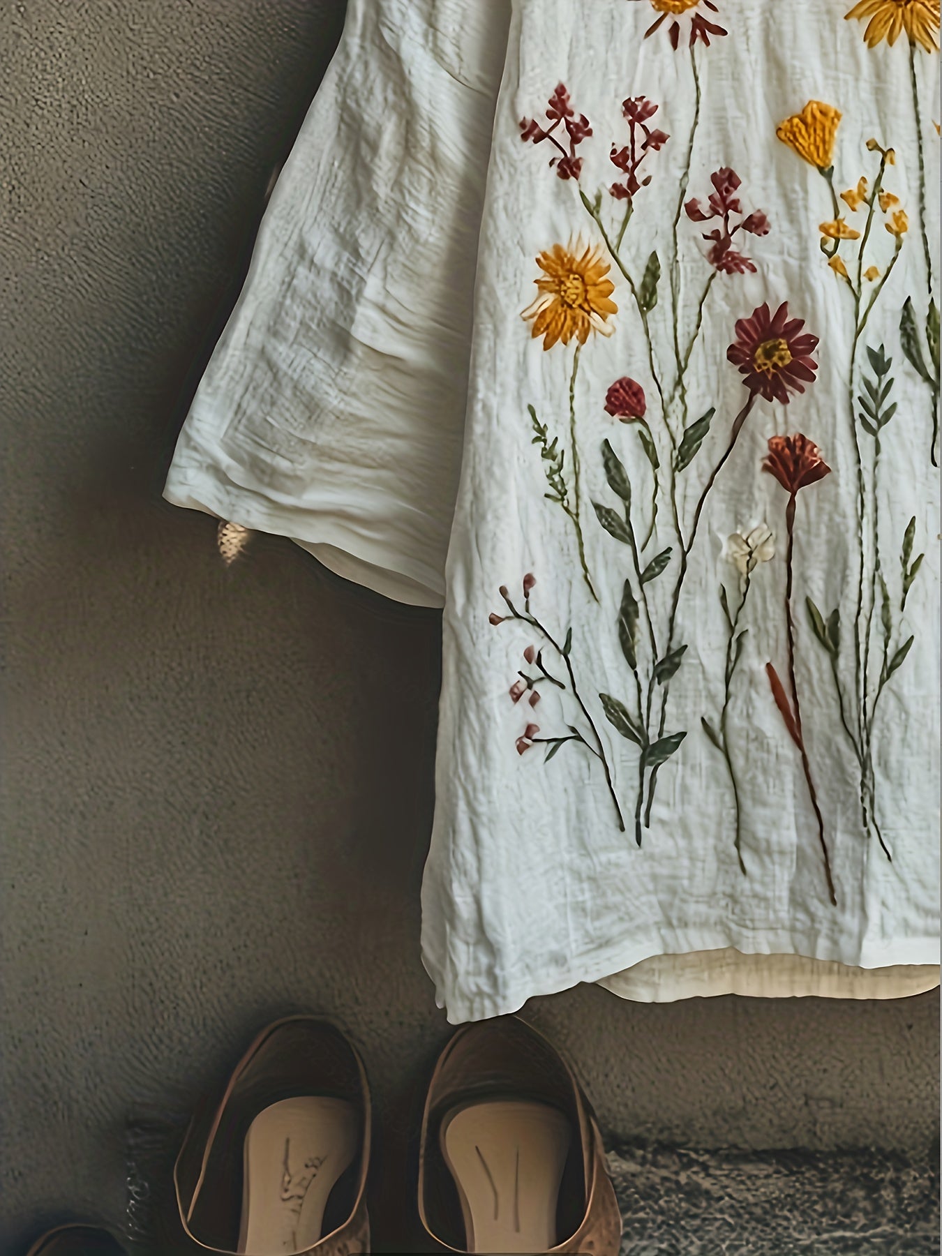 Blusa Feminina Linho Bordado Floral Manga 3/4 Decote V Oversized