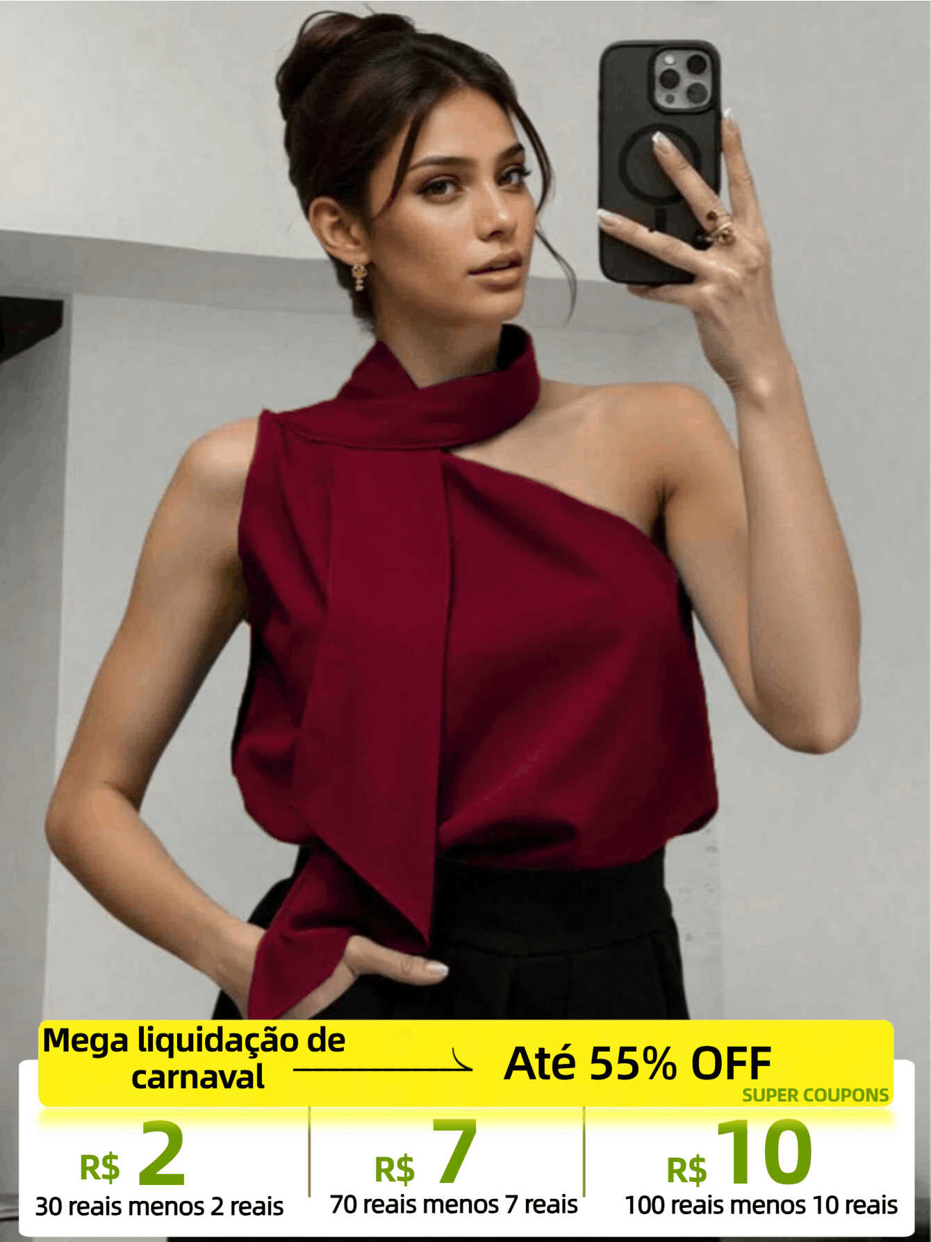 Blusa Feminina Ombro Único com Laço Ajustável Cetim Elegante Festa