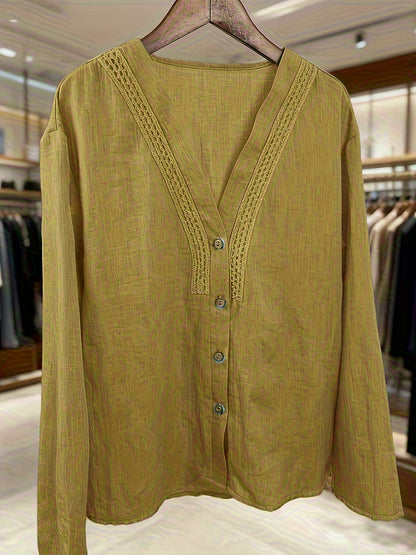 Blusa Feminina Linho Manga 3/4 Decote V com Bordado e Botões Elegante