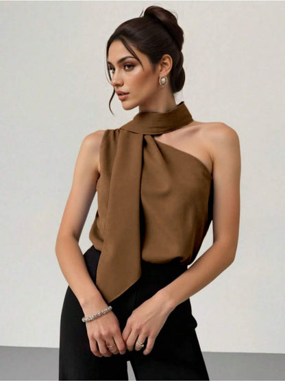 Blusa Feminina Ombro Único com Laço Ajustável Cetim Elegante Festa