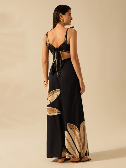 Vestido Longo Estampa Tropical Palmeira com Recorte Vazado e Alças Ajustáveis