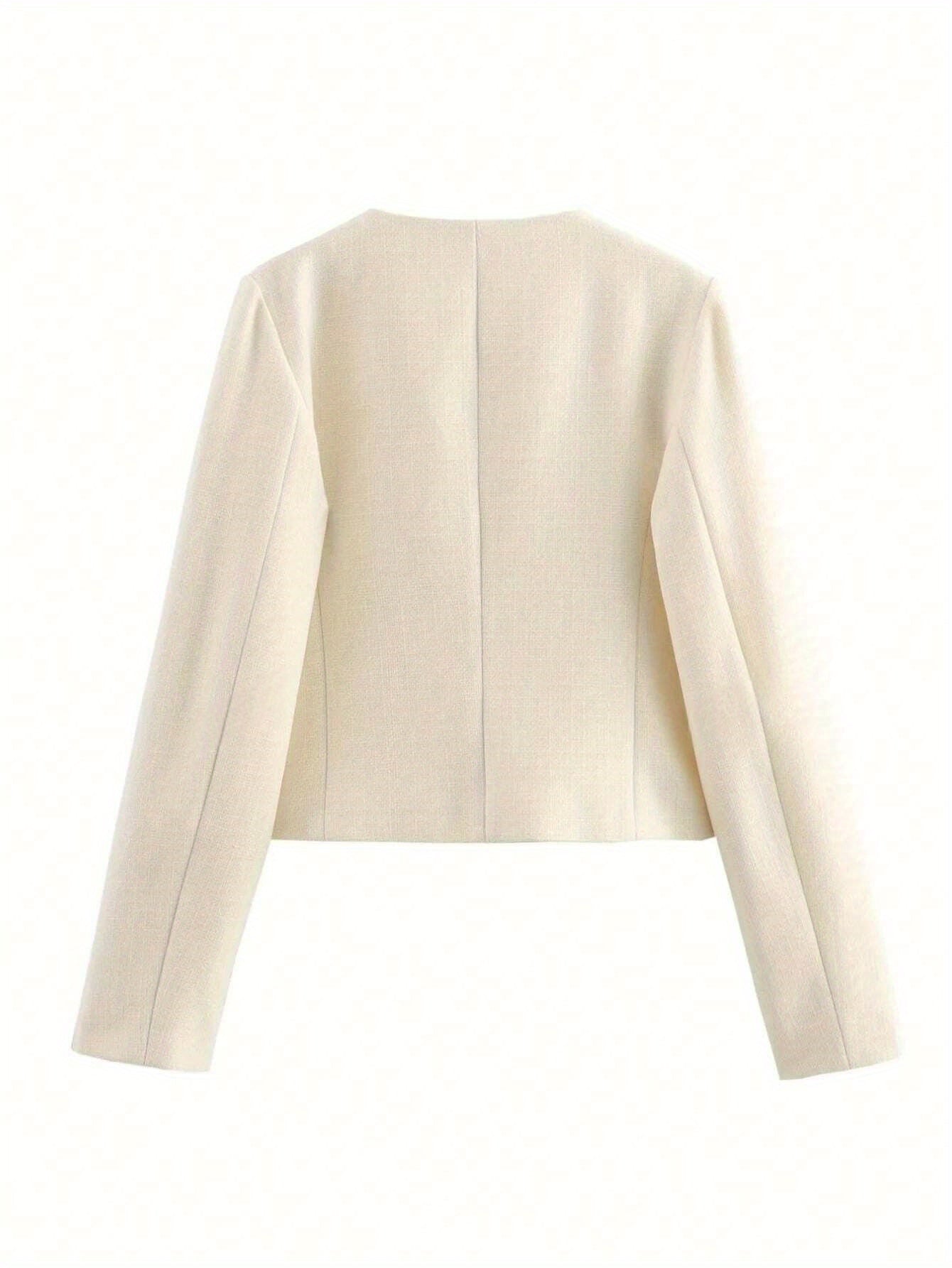 Blazer Feminino Alfaiataria Gola Redonda com Botões Dourados Executivo