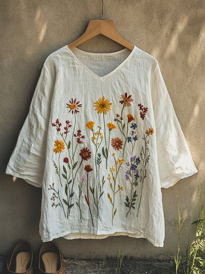 Blusa Feminina Linho Bordado Floral Manga 3/4 Decote V Oversized