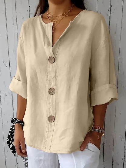 Blusa Feminina Linho Manga 3/4 com Botões Frontais Decote V Casual
