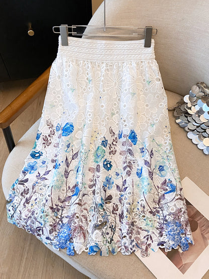 Saia Midi Godê Laise Bordado Floral Branca Romântica Elegante