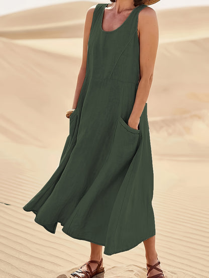 Vestido Longo Linho Casual com Bolsos Decote Redondo Sem Mangas