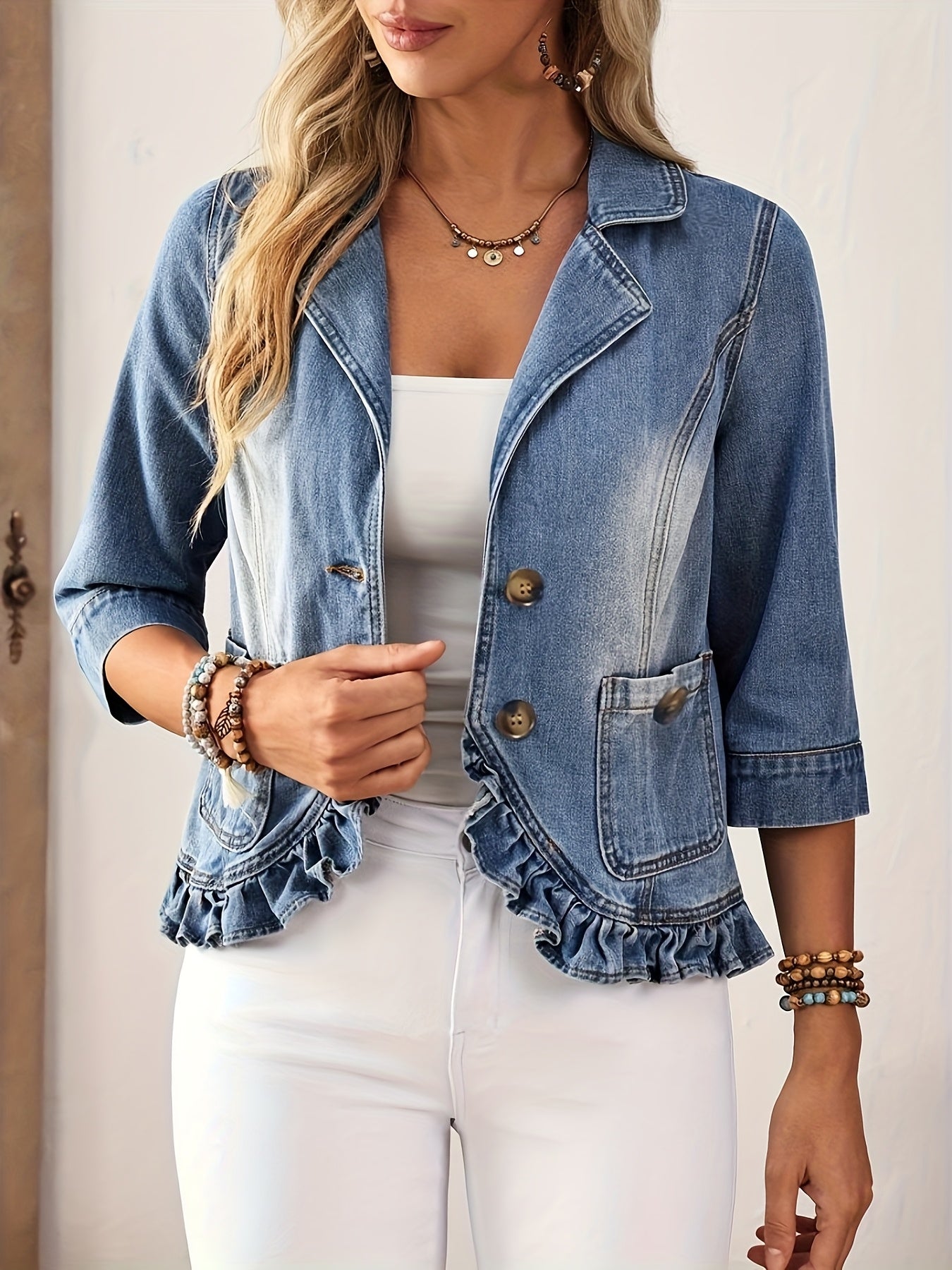 Jaqueta Jeans Feminina Manga 3/4 com Babados na Barra Casual Elegante
