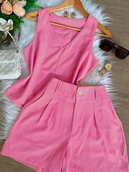 Conjunto Feminino Regata Decote V e Shorts Alfaiataria Casual Verão
