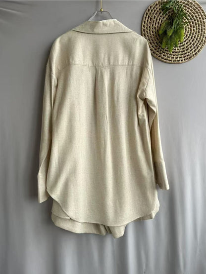 Conjunto Feminino Linho Camisa Manga Longa e Shorts Cintura Elástica Casual