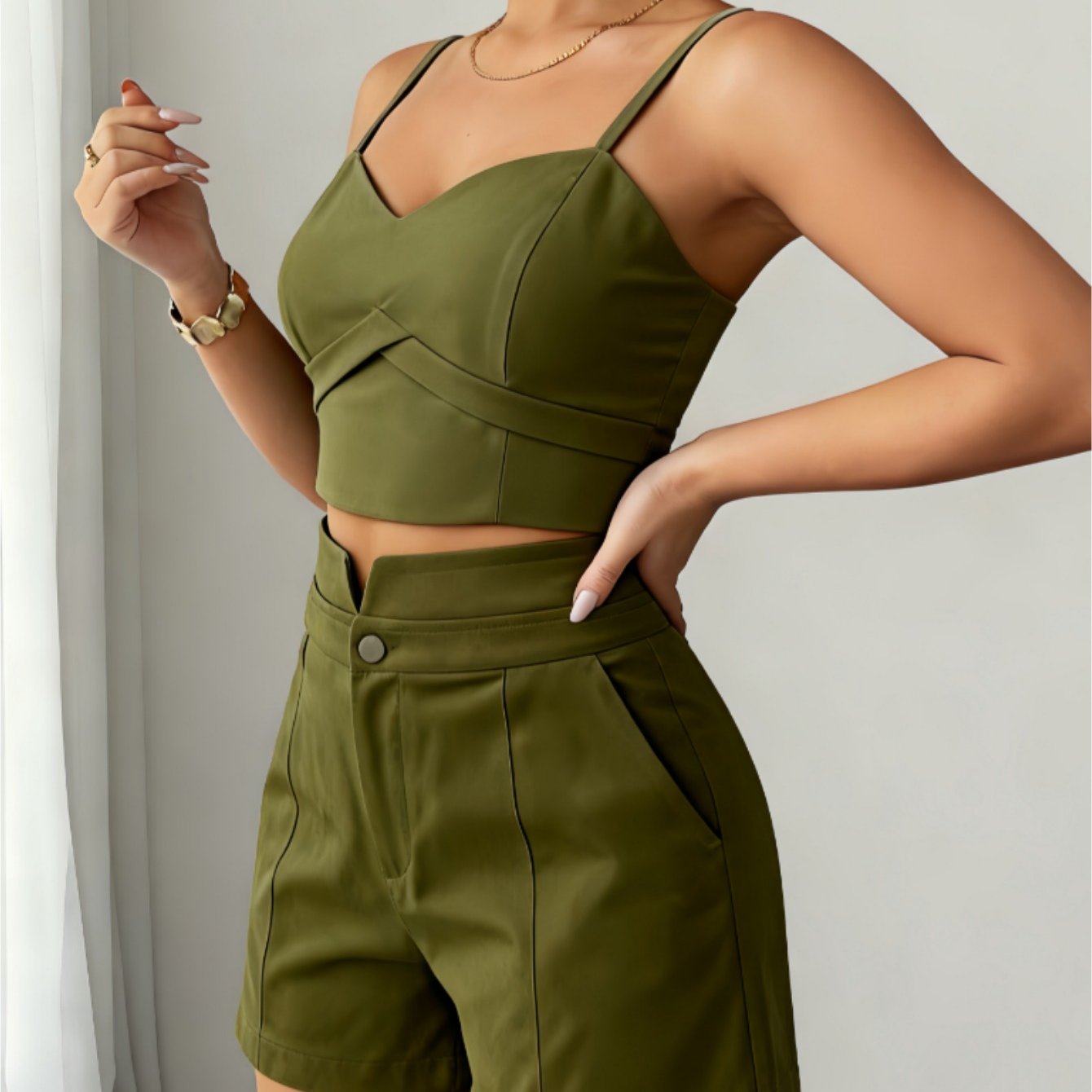 Conjunto Feminino Alfaiataria Top Cropped Bustier e Shorts Elegante