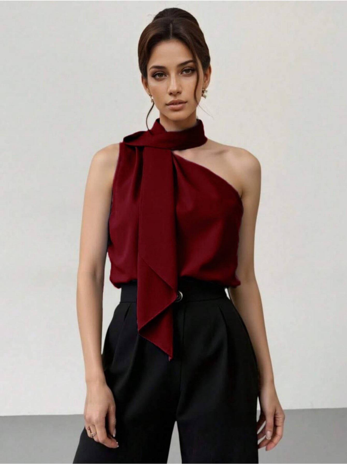 Blusa Feminina Ombro Único com Laço Ajustável Cetim Elegante Festa