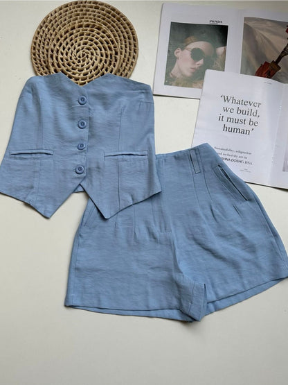 Conjunto Feminino Alfaiataria Top Cropped e Shorts com Pregas Casual