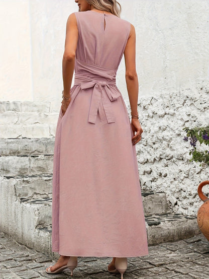 Vestido Casual Sem Mangas com Amarração nas Costas em Cor Sólida