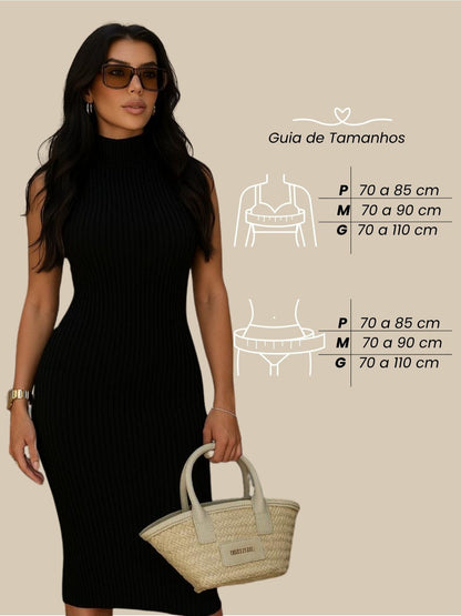 Vestido Midi Tubinho Gola Alta Sem Mangas Canelado Elegante