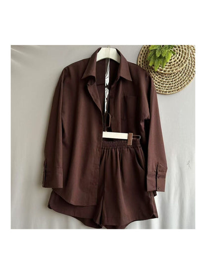 Conjunto Feminino Linho Camisa Manga Longa e Shorts Cintura Elástica Casual
