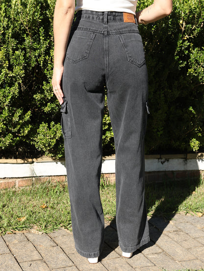 Calça Cargo Feminina Pantalona com Bolsos Laterais e Zíper
