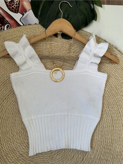 Top Cropped Tricot Feminino com Babados nas Alças Canelado Elegante