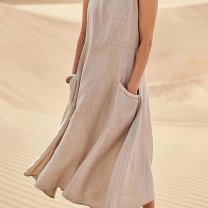 Vestido Longo Linho Casual com Bolsos Decote Redondo Sem Mangas