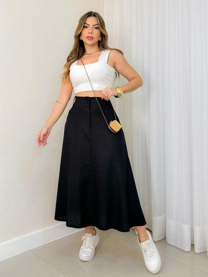 Saia Midi Godê Evasê com Botões Frontais e Bolsos Elegante