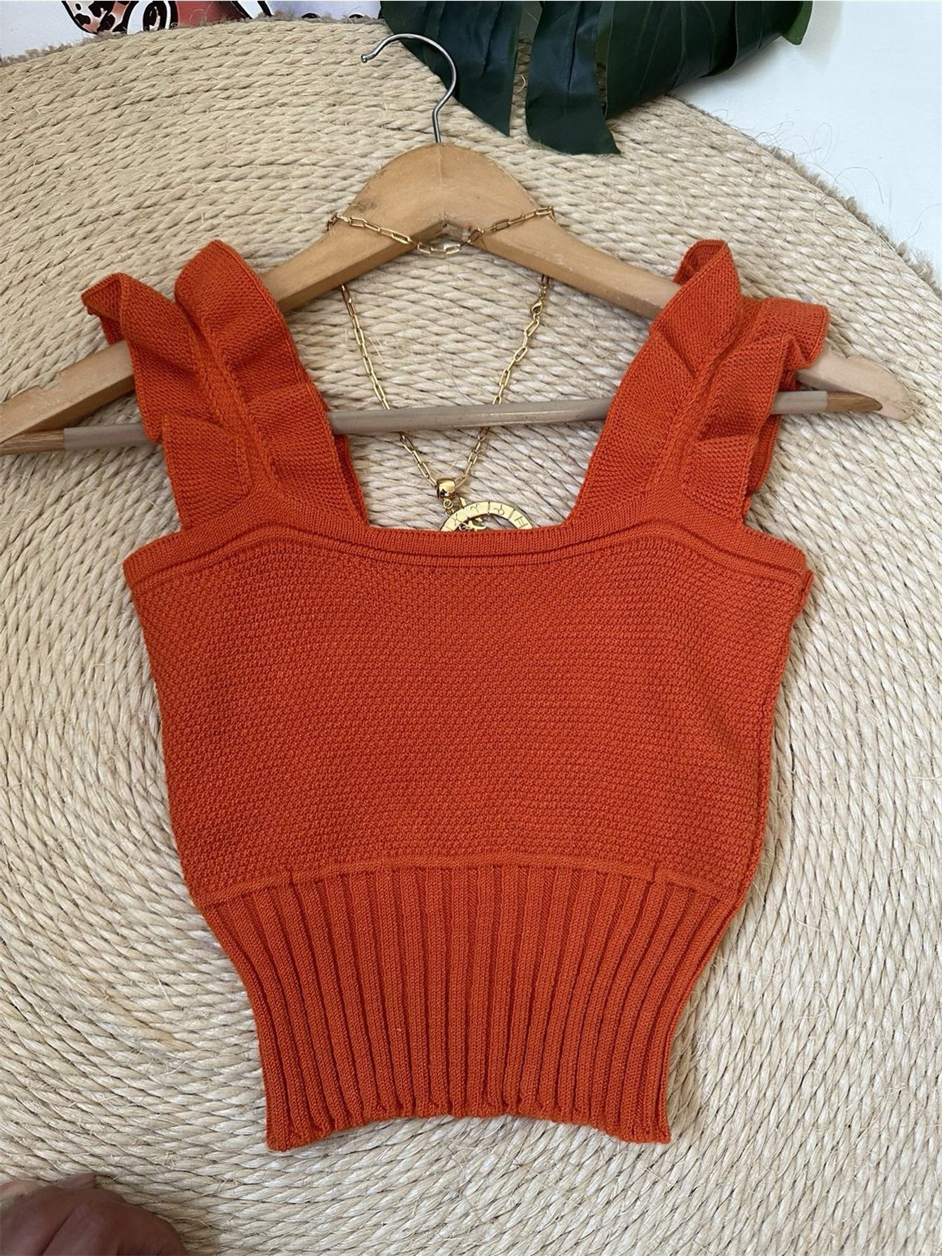 Top Cropped Tricot Feminino com Babados nas Alças Canelado Elegante
