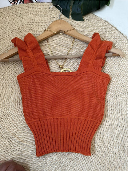 Top Cropped Tricot Feminino com Babados nas Alças Canelado Elegante
