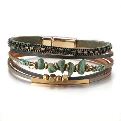 Pulseira Feminina Artesanal Turquesa Irregular Couro Fecho Magnético Boho