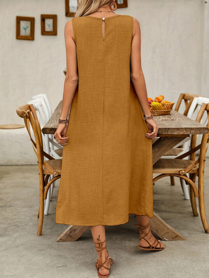 Vestido Midi Casual Sem Mangas com Bolsos Duplos Decote Redondo