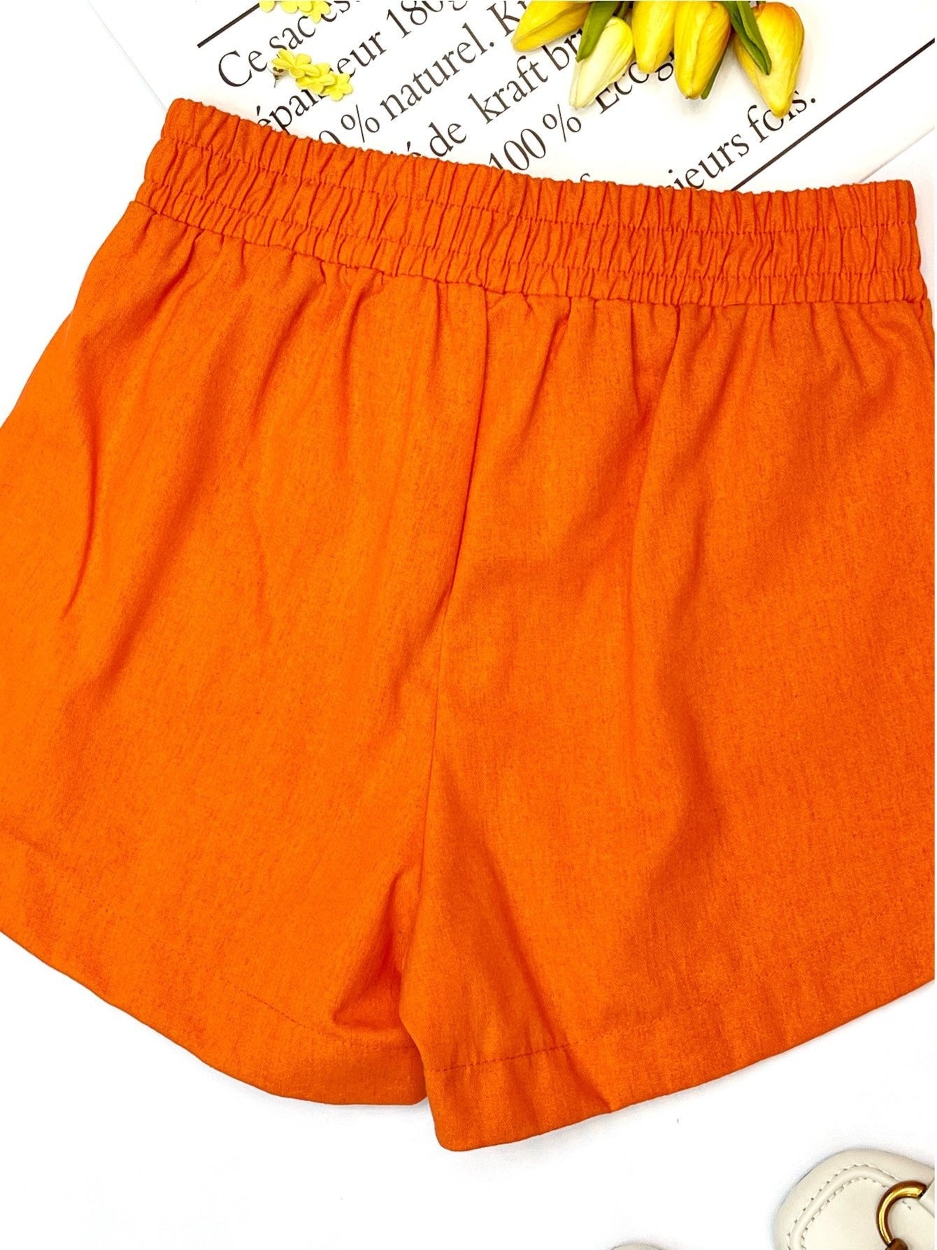 Shorts Feminino Linho Cintura Alta Elástica com Amarração Casual