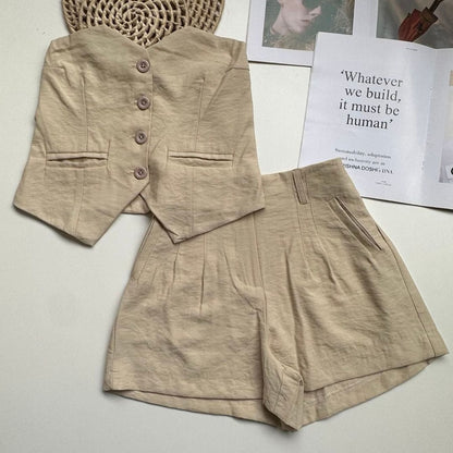 Conjunto Feminino Alfaiataria Top Cropped e Shorts com Pregas Casual